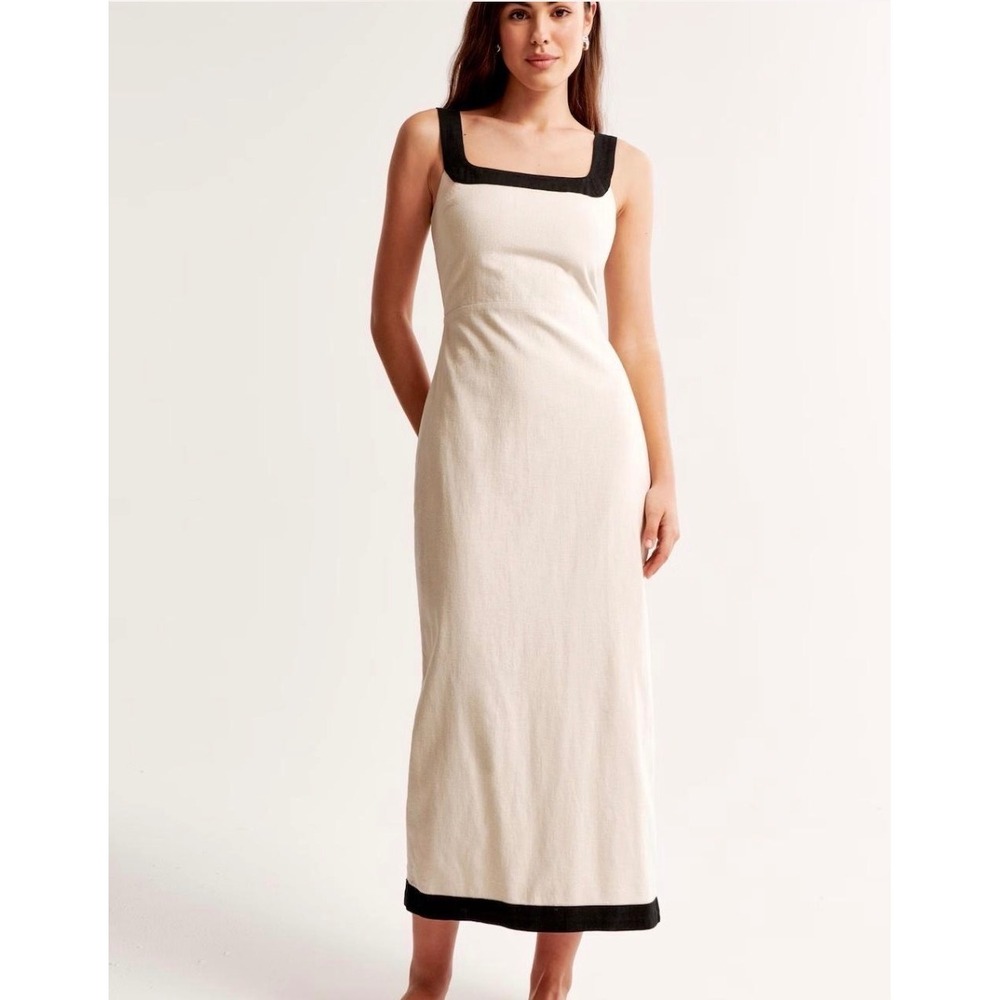 Abercrombie & Fitch Cream Black Linen Blend Smocked Midi Dress Womens Medium
